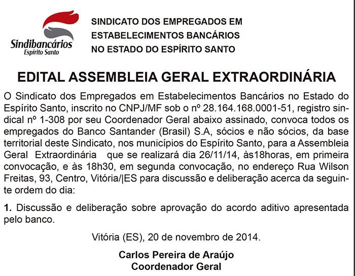 Sindicato convoca trabalhadores do Santander para assembleia