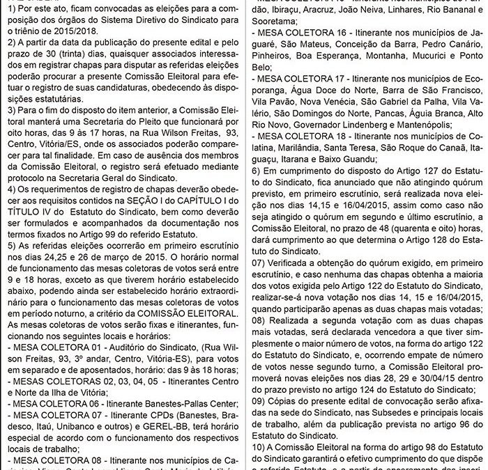 Eleição de nova diretoria do Sindibancários/ES será em março