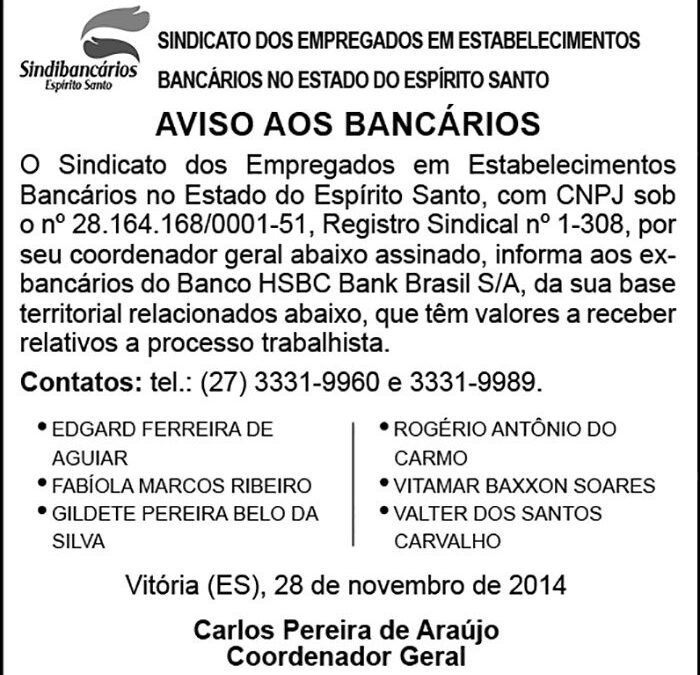 Aviso aos ex-bancários do HSBC – Valores a receber