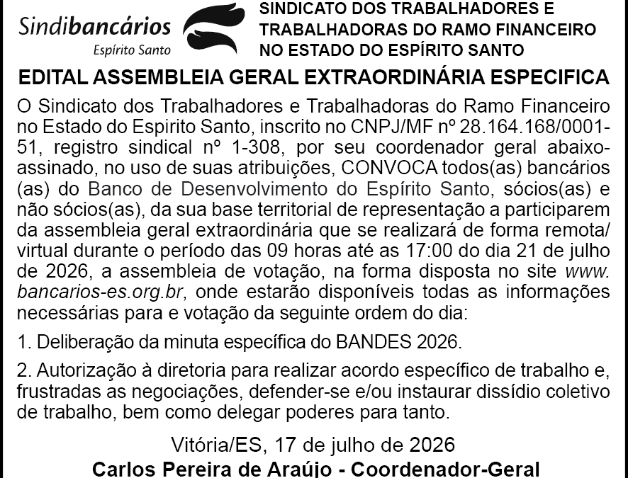 Edital Assembleia Especifica BANDES – Campanha Salarial 2026