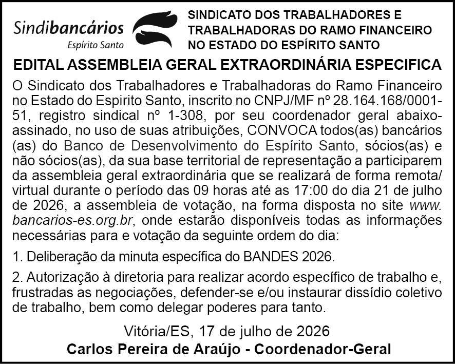 Edital Assembleia Especifica BANDES – Campanha Salarial 2026